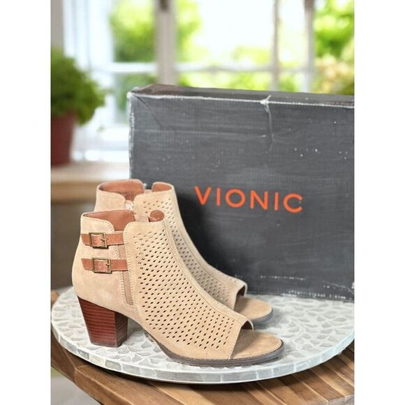 Vionic Aloft Chryssa Orthotic Booties Women’s 9.5 Peep Toe Block Heel Shoes - Picture 1 of 13